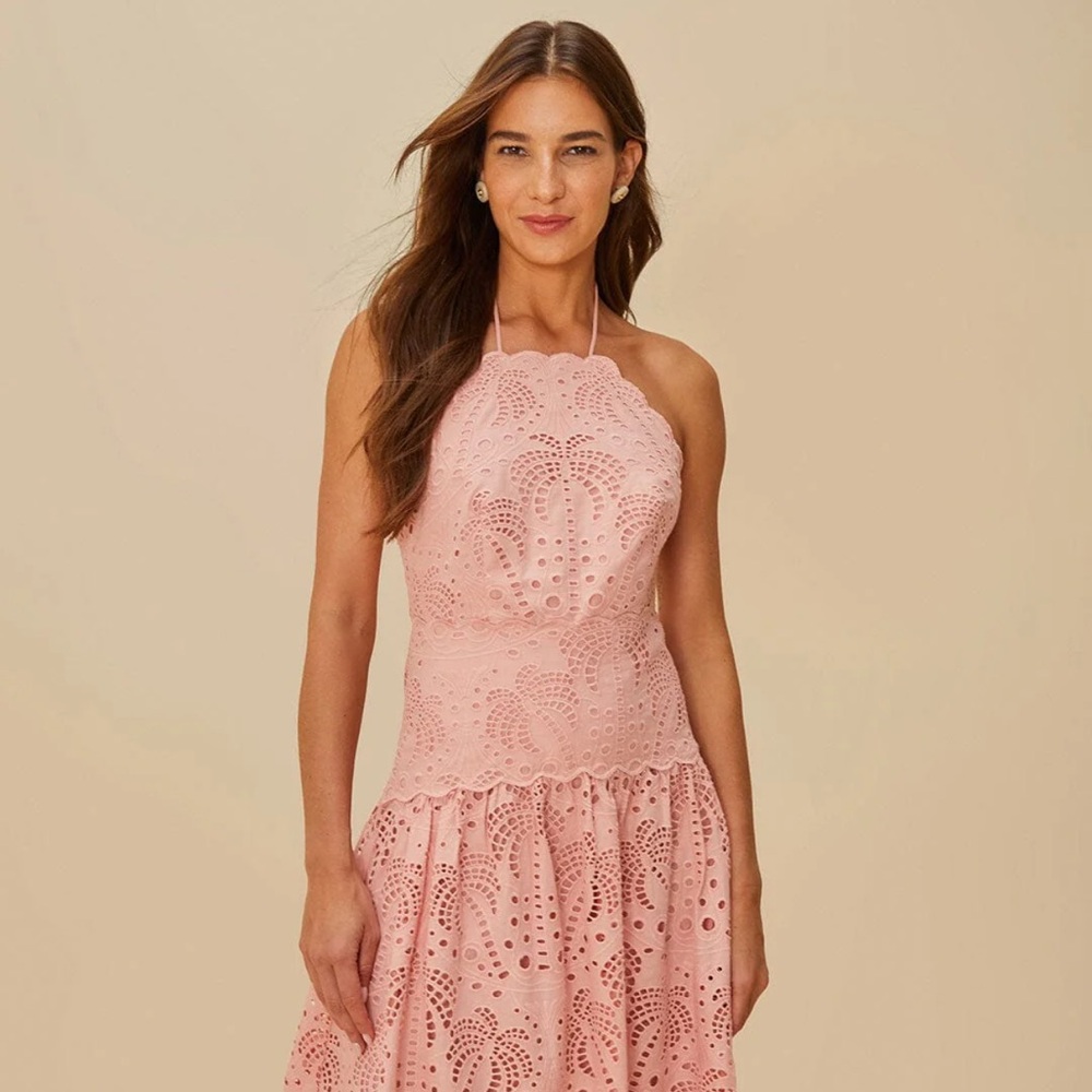 Farm Rio Blush Pink Palm Tree Eyelet Midi Dress